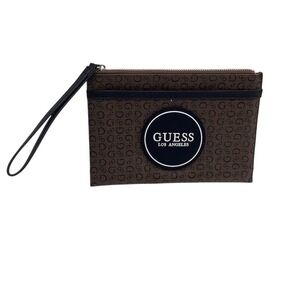 GUESS Los Angeles Monogram Wristlet Clutch Pouch Brown Zip Detachable